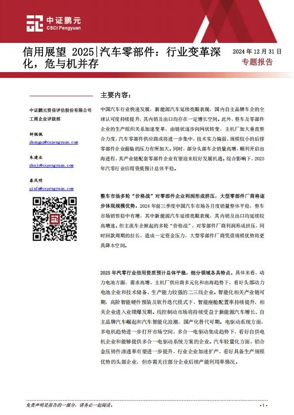 中证鹏元｜2025汽车零部件研究报告：行业变革深化，危与机并存